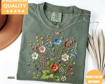 ヴィンテージ押し花シャツ Comfort Colors® ボヘミアンコテージコアTシャツ ボタニカルフローラルTシャツ ワイルドフラワーシャツ フェアリーコアギフト ガーデンラバーギフト