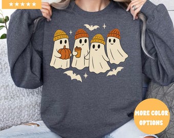 Ghost Sweatshirt, Halloween Sweatshirt, Cozy Spooky Season Crewneck, Fall Ghost Pullover, Cute Pumpkin Ghost  Autumn Sweatshirt, Fall Tee