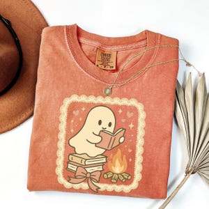 Retro Ghost Reading Books Shirt Comfort Colors, Halloween Teacher Tee, Librarian Halloween Shirt, Boo School Gift, Ghost Reading Shirt
