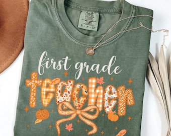 Comfortabele kleuren shirt leraar eerste leerjaar, T-shirt herfst leraar, shirt pompoen leraar, outfit herfst klas, leuk grafische T-shirt leraar cadeau