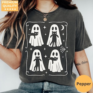 Halloween Black Cat & Ghost Comfort Colors Shirt, Halloween Ghost Tshirt, Spooky Season Cat Tee, Halloween Cute Women Outfit, Halloween Gift
