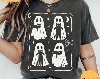Halloween svart katt & spöke komfortfärger skjorta, Halloween spöke t-shirt, läskig säsong katt t-shirt, söt Halloween-outfit för kvinnor, Halloween-present