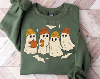 Ghost Sweatshirt, Halloween Sweatshirt, Cozy Spooky Season Crewneck, Fall Ghost Pullover, Cute Pumpkin Ghost  Autumn Sweatshirt, Fall Tee