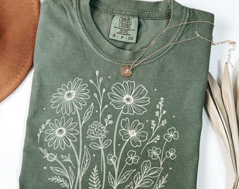 Chemise vintage à fleurs pressées Comfort Colors® T-shirt fleuri botanique T-shirt bohème cottagecore T-shirt fleuri fleurs sauvages Cadeau pour jardinier