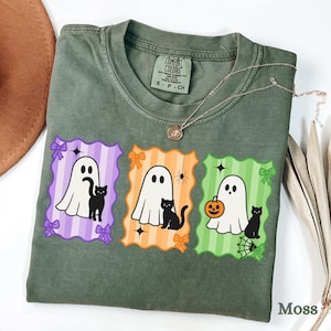 Halloween Black Cat & Ghost Comfort Colors Shirt, Halloween Ghost Tshirt, Spooky Season Cat Tee, Halloween Cute Women Outfit, Halloween Gift