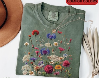 Camicia Boho Wildflowers Cottagecore / Camicia Comfort Colors® / Regalo per lei / Whimsigoth / Camicie con piante / Camicia floreale / Regalo per le donne