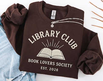Bluza z nadrukiem Klubu Bibliotecznego, Bluza z okrągłym dekoltem dla miłośników książek, Sweter retro dla miłośników książek, Odzież dla klubu czytelniczego, Prezent dla niej, Bluza bibliotekarza