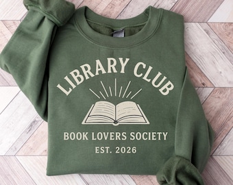 Bluza z nadrukiem Klubu Bibliotecznego, Bluza z okrągłym dekoltem dla miłośników książek, Sweter retro dla miłośników książek, Odzież dla klubu czytelniczego, Prezent dla niej, Bluza bibliotekarza