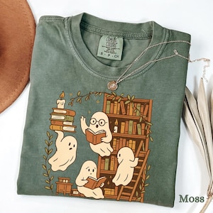 Retro Ghost Reading Books Shirt Comfort Colors, Halloween Teacher Tee, Librarian Halloween Shirt, Boo School Gift, Ghost Reading Shirt