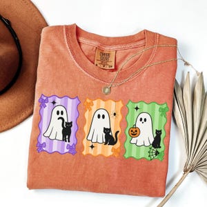 Halloween Black Cat & Ghost Comfort Colors Shirt, Halloween Ghost Tshirt, Spooky Season Cat Tee, Halloween Cute Women Outfit, Halloween Gift