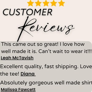 May include: Image featuring the words "CUSTOMER Reviews" in a stylish font, with four gold stars above. Below, customer testimonials praise the quality and appearance of a product, mentioning "Leah McTavish", "Diana", and "Malissa Fawcett".