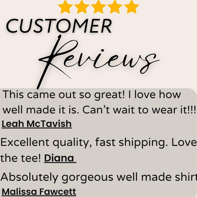 May include: Image featuring the words "CUSTOMER Reviews" in a stylish font, with four gold stars above. Below, customer testimonials praise the quality and appearance of a product, mentioning "Leah McTavish", "Diana", and "Malissa Fawcett".