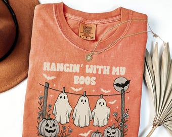 Camiseta retro de fantasmas con colores cómodos, divertida camiseta de Halloween, camiseta de temporada espeluznante, bonita camiseta de otoño para mujer, regalo grupal de Halloween, temporada espeluznante