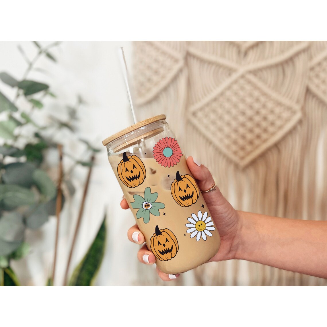 Halloween-Geisterglas Von Honeydak – Gruselig-süßer Becher Mit Hundegeistern, 473 Ml, Inklusive Bambusdeckel & Strohhalm