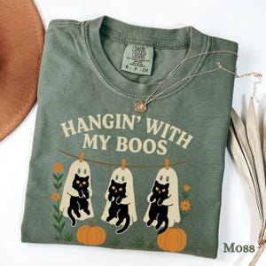 Halloween Black Cat & Ghost Comfort Colors Shirt, Halloween Ghost Tshirt, Spooky Season Cat Tee, Halloween Cute Women Outfit, Halloween Gift