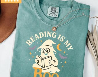 Comfort Colors® Ghost Reading Books Shirt, Bookish Halloween Shirt, Teacher Librarian Halloween Gift, Halloween Book Lover, Halloween School