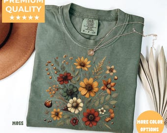 Vintage Cottagecore-shirt Goblincore-shirt boho-wildflowers shirt natuur shirt botanisch shirt tuinliefhebber herfst esthetiek groene heks