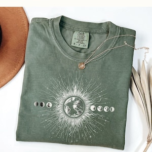 Celestial Comfort Colors® Shirt, Moon Phase T-shirt, Boho Mystical Moon And Sun Tee, Boho Moon Outfit, Spiritual Moon Women Clothing Gifts