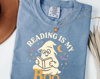 Comfort Colors® Ghost Reading Books Shirt, Bookish Halloween Shirt, Teacher Librarian Halloween Gift, Halloween Book Lover, Halloween School