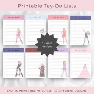 May include: Printable Tay-Do Lists with 13 different designs. Each notepad features a different illustration of a woman and the text "TAY DO LIST". The notepads have a lined section for writing and a coloured header.