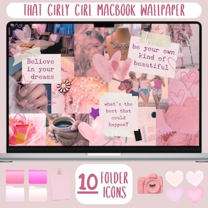 May include: A digital MacBook wallpaper featuring a pink-toned collage of hearts, pearls, and inspirational text including Believe in your dreams, be your own kind of beautiful, and what's the best that could happen, alongside 10 pink folder icons.