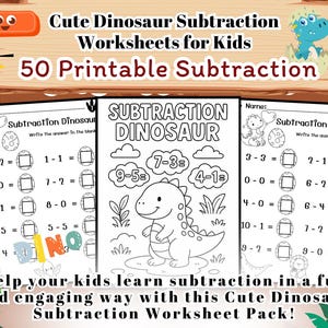 Cute Dinosaur Subtraction Worksheets for Kids | Black & White Coloring Pages | Easy Math Practice