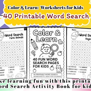 Color & Learn 40 Printable Word Search Worksheets for Kids | Black and White Coloring Pages| Educational Activity PDF | Homeschool Classroom