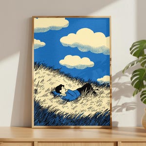 Psychische Gesundheit Wandkunst, Ruhe und Verlangsamung Wolke Druck, beruhigende Schlafzimmer Dekoration, Retro Blau Riso Poster, Selbstpflege Selbstliebe Bündel
