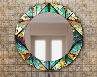 Miroir mural style vitrail, miroir décoratif coloré, décoration murale miroir d'inspiration vintage, miroir artistique en verre pour salon