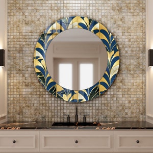 Blue & Gold Floral Glass Wall Mirror: Abstract Art Decor
