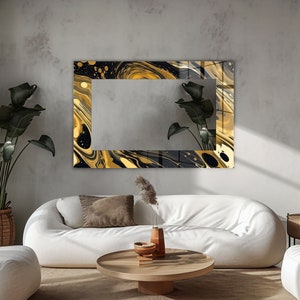 Gold Abstract Glass Wall Mirror: UV Printed Art Decor