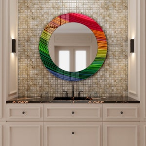Colorful Round Glass Wall Mirror: Rainbow Art Decor