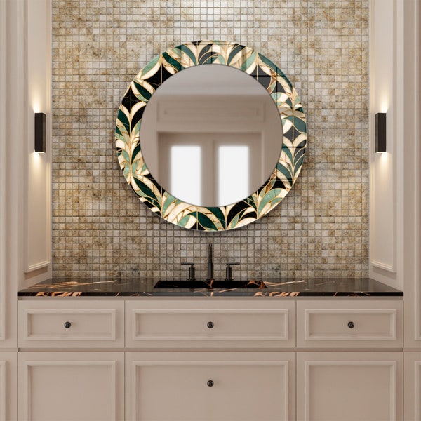 Wall Mirror- Tempered Glass Mirror Wall Decor for Bathroom Mirror- Glass Wall Mirror for Bedroom mirror- Golden Green Mirror- Mandala Mirror
