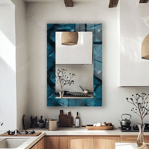 Blue Wall Mirror- Tempered Glass Mirror- Wall Decor for Bathroom Mirror- Interior Glass Wall Mirror- Blue Texture Mirror, Blue wall decor