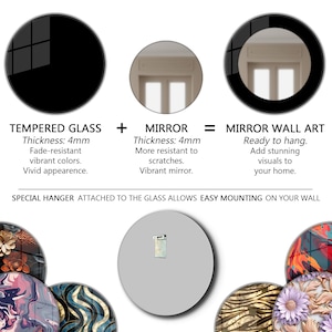 May include: A diagram illustrating mirror wall art components. It features a black tempered glass circle, a mirror circle, and the text "MIRROR WALL ART". The text indicates the glass and mirror thickness is 4mm.