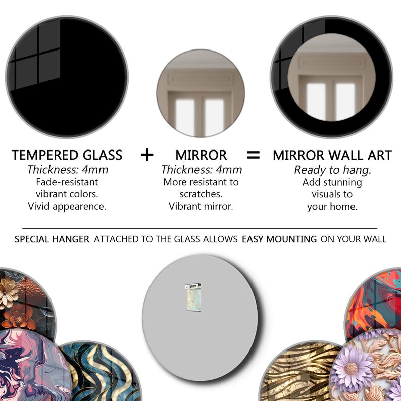 May include: A diagram illustrating mirror wall art components. It features a black tempered glass circle, a mirror circle, and the text "MIRROR WALL ART". The text indicates the glass and mirror thickness is 4mm.