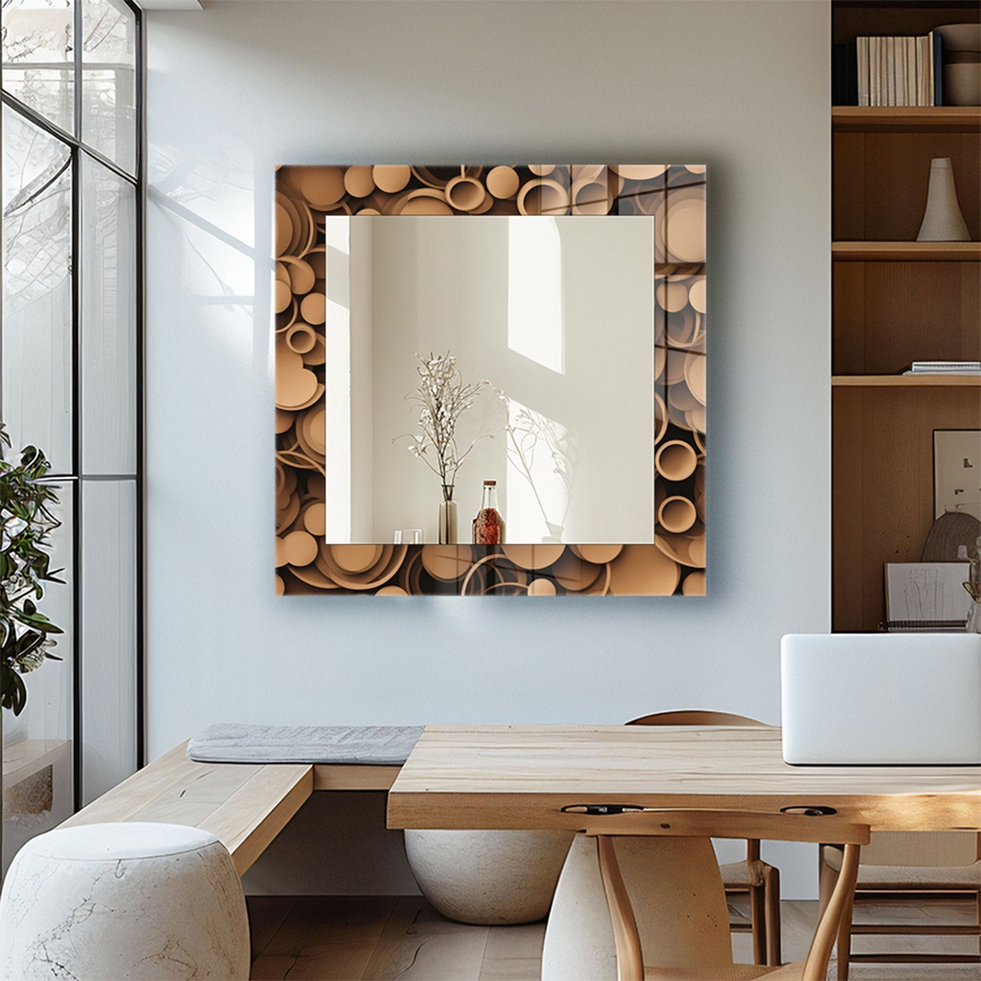 3D Circles Design Mirror- Wall Mirror- Tempered Glass Mirror- Wall Decor for Bathroom Mirror-Glass Wall Mirror for Bedroom- New Brown Mirror