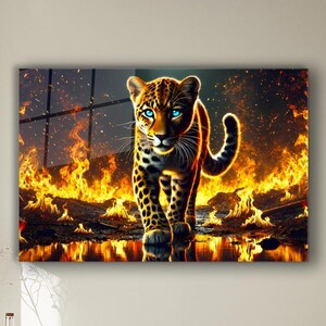 Leopard Glass Wall Art, Fire Leopard Tempered Glass Wall Decor, Wall Hanging Decor, Leopard Wall Art Decor, Fire Abstract Leopard Wall Art