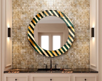 Gold Round Wall Mirror, Decorative Gold Circle Mirror, Modern Sunburst Wall Decor, Luxury Entryway Mirror, Ornate Gold Glass Art