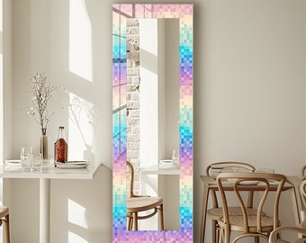 Tempered Glass Wall Mirror, UV Printed Mosaic Abstract Decor, Colorful Pixels Mirror