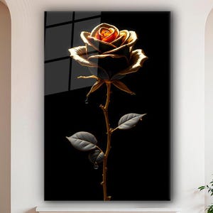 Golden Rose Tempered Glass Wall Art: Black Floral Hanging