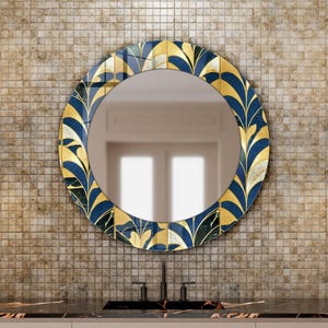Round Art Deco Mirror – UV Printed Blue Gold Leaf Design Home Decor