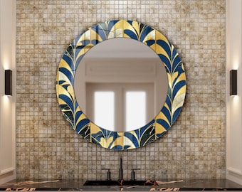 Blue Gold Floral Wall Mirror, Decorative Glass Mirror for Living Room Bedroom Bathroom, Elegant Modern Wall Decor Statement Mirror