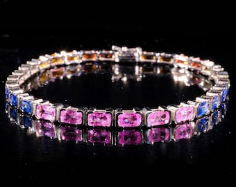 12.09 ct Rainbow Sapphire Stone 18K Gold  Pave Bracelet, Real Sapphire Gemstone Luxury Bracelet, Precious Jewelry, Luxury Valentine's Day