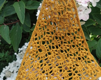 Mustard Yellow Crochet Lace Bandana – Boho Summer Headband Scarf Shawl