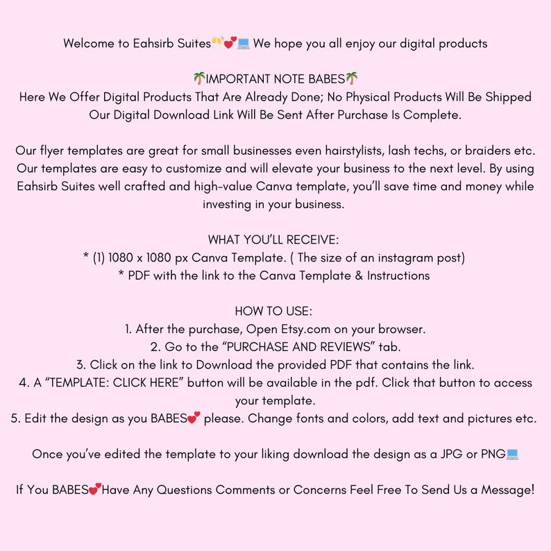 Pode incluir: Um download digital para um modelo Canva para marketing de m&iacute;dia social. O modelo tem 1080 x 1080 pixels, o tamanho de uma postagem do Instagram. O texto na imagem diz "IMPORTANT NOTE BABES: Here We Offer Digital Products That Are Already Done; No Physical Products Will Be Shipped. Our Digital Download Link Will Be Sent After Purchase Is Complete."