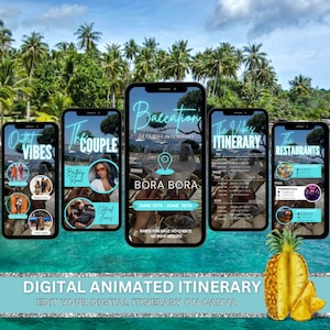 Peut inclure: Un itinéraire numérique pour des vacances à Bora Bora. L'itinéraire comprend une liste de restaurants, d'activités et d'idées de tenues. L'itinéraire est conçu pour être utilisé sur Canva.