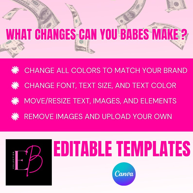 May include: Pink and black graphic with the text "WHAT CHANGES CAN YOU BABES MAKE?" and a list of editable features: change colours, font, text size, text colour, move/resize text, images, and elements, remove images and upload your own. The graphic also includes the text "EDITABLE TEMPLATES" and the Canva logo.