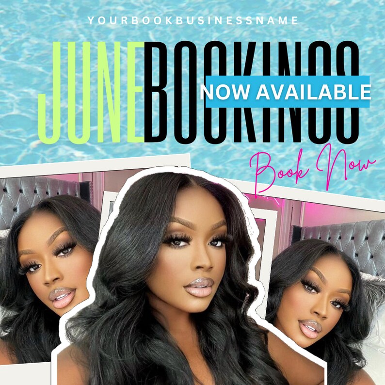 Pode incluir: Um design gr&aacute;fico para um neg&oacute;cio chamado "June Booking" com o texto "Now Available" e "Book Now". O design apresenta um fundo de &aacute;gua azul e verde com duas imagens de uma mulher com cabelo preto comprido.