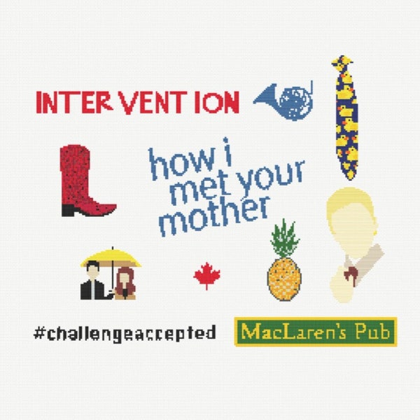 How I Met Your Mother Cross Stitch Pattern PDF, Intervention, MacLaren’s Pub, Ted Mosby and Tracy, Ducky Tie, Red Cowboy Boots, pineapple